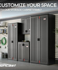 Heavy-Duty Resin Outdoor Storage Cabinet For Garage And Shed, 30 In W By 20.25 In D By 36 In H, shown in a garage setting.