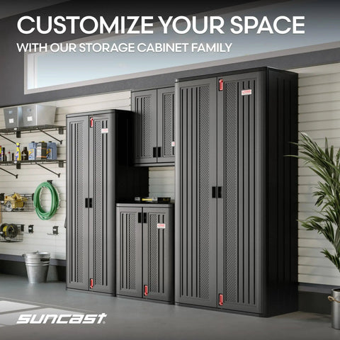 Heavy-Duty Resin Outdoor Storage Cabinet For Garage And Shed, 30 In W By 20.25 In D By 36 In H, shown in a garage setting.