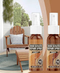 Wood Scratch Repair Spray For Furniture And Floors, Quick Fix That Restores Finish, two 60ml bottles on patio table.