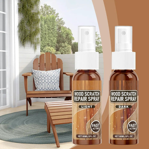 Wood Scratch Repair Spray For Furniture And Floors, Quick Fix That Restores Finish, two 60ml bottles on patio table.