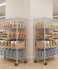 Heavy Duty 5 Tier Rolling Metal Wire Storage Rack With Smooth Gliding Casters For Garage Or Pantry featuring organized food items and water bottles.