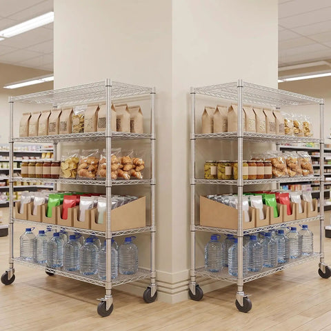 Heavy Duty 5 Tier Rolling Metal Wire Storage Rack With Smooth Gliding Casters For Garage Or Pantry featuring organized food items and water bottles.