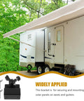 RV with awning extended, featuring Aluminum Solar Panel Mounting Bracket For Gutter Or Roof Mounting With Universal Compatibility.
