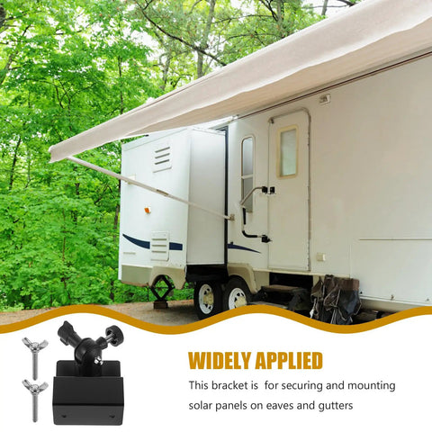 RV with awning extended, featuring Aluminum Solar Panel Mounting Bracket For Gutter Or Roof Mounting With Universal Compatibility.
