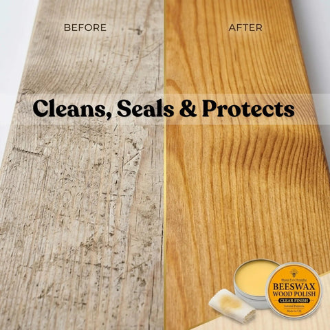 Real Deal Natural Beeswax Furniture Polish To Restore Dry Wood And Boost Natural Grain With Food Safe Olive Oil Blend For A Smooth Clean Finish That Gives Your Favorite Wooden Pieces Brand New Life In 3.5 Fl Oz Jar, before and after wood restoration.