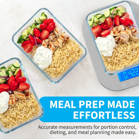 Gray Digital Kitchen Scale For Cookin And Meal Prep, Accurate Grams And Ounces, displaying meal prep containers
