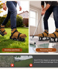 Person demonstrating Dual Layer Spike Lawn Aerator Shoes With Self Cleaning Design, Pre Installed Ten Spikes on grass and floor