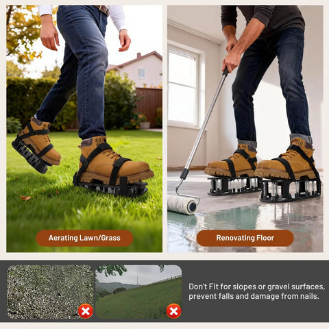 Person demonstrating Dual Layer Spike Lawn Aerator Shoes With Self Cleaning Design, Pre Installed Ten Spikes on grass and floor