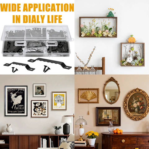 Kickass 180 Pieces Sawtooth Picture Hangers Heavy Duty Wall Hanging Kit with screws in organized case and mounted art decor.