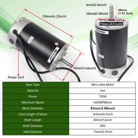 750W DC Brushed Spindle Motor For Mini Metal Lathe Machine 110V 6000 RPM With M10 Shaft 40mm Length And 93mm Diameter Beefy Torque