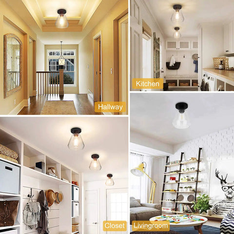 2 Pack Modern Industrial Semi Flush Mount Ceiling Lights With Clear Glass Shades In Matte Black installed in various rooms