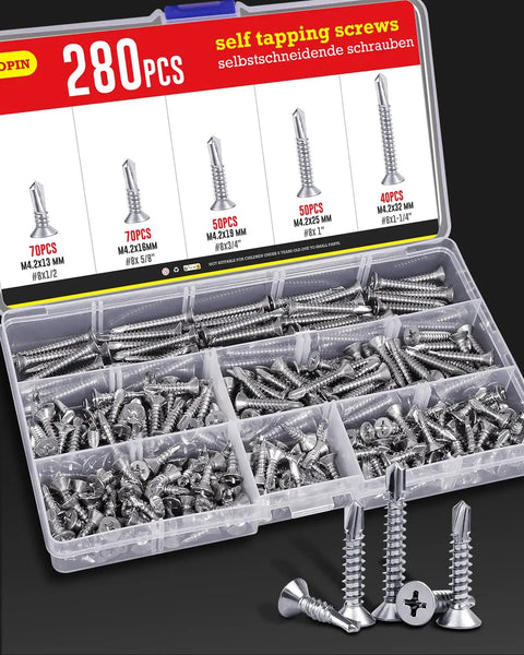 Shop Tough Assorted Self Tapping Screws For Metal Sheets And Wood Construction Rock Solid Stainless Steel Phillips Head Drill Point Fasteners in labeled kit