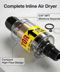 Air Dryer For Compressor Inline Water Separator And Tool Oil 1 Quarter Inch NPT Moisture Filter Keeps Your HVLP Sprayers Plasma Cutters And Pneumatic Tools Dry And Lubed 2 To 150 PSI Range shown with compact design