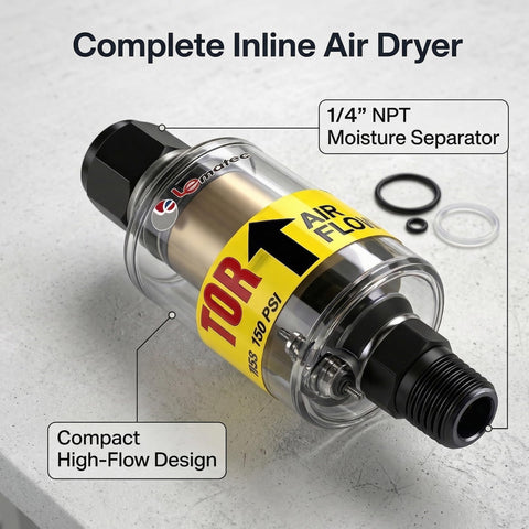 Air Dryer For Compressor Inline Water Separator And Tool Oil 1 Quarter Inch NPT Moisture Filter Keeps Your HVLP Sprayers Plasma Cutters And Pneumatic Tools Dry And Lubed 2 To 150 PSI Range shown with compact design