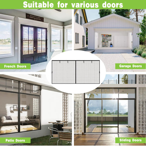 Magnetic Heavy Duty Fiberglass Garage Door Screen For Two Car Garage 16x7 Ft with various door types in home setting.