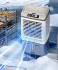 Heavy Duty Evaporative Swamp Cooler With Three Speed Settings For Outdoor Patio Garage And Commercial Spaces in a warehouse setting.