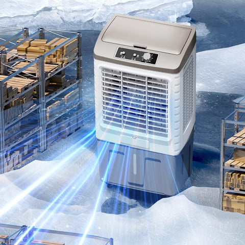 Heavy Duty Evaporative Swamp Cooler With Three Speed Settings For Outdoor Patio Garage And Commercial Spaces in a warehouse setting.