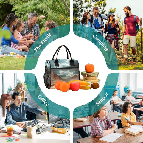 Insulated Lunch Bag for Outdoor Adventures With Desert Landscape Clouds Design surrounded by picnic, camping, office, school scenes