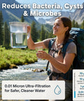Woman using 10 Cup Water Filter Pitcher With Dual Ultrafiltration And Carbon Filters in scenic outdoor setting, smiling.