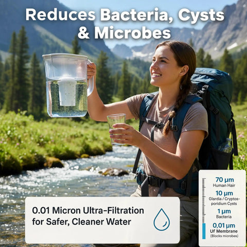 Woman using 10 Cup Water Filter Pitcher With Dual Ultrafiltration And Carbon Filters in scenic outdoor setting, smiling.