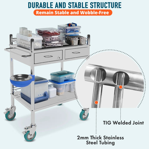 Improved Medical Stainless Steel Two Tier Rolling Cart With Wheels And Drawers for dental clinic with supplies and TIG welded joints