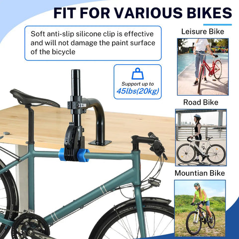 Curved Bike Repair Stand For Bench Mount Heavy Duty Workstand showing 45 lb capacity and adjustable holding a road bike.