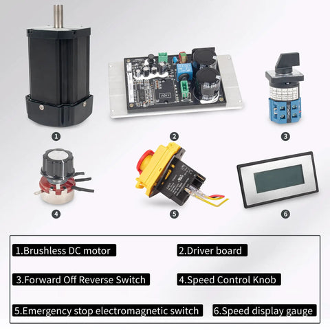 DC Brushless Spindle Motor Kit For CD210v WM210v Lathe 1100W 110V with components including motor, driver board, and switches