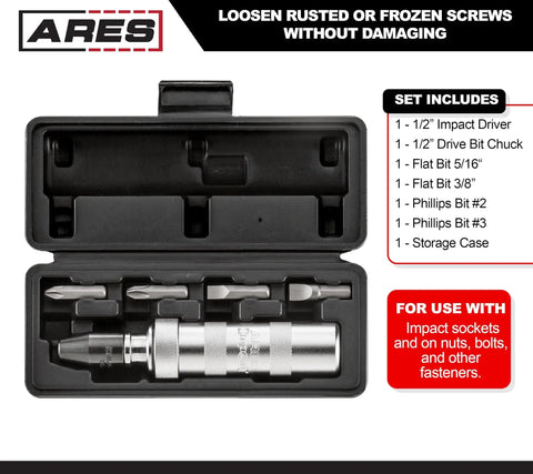 One Half Inch Manual Reversible Impact Driver With Half Inch Drive Chuck Comes With Flat Bits Five Sixteenths And Three Eighths Phillips Bits Size Two And Size Three Plus Durable Storage Case For Removing Rusted Bolts And Frozen Fasteners