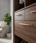 Six Pack Brushed Copper Cabinet Pulls Zinc Alloy Drawer Handles 7.56 Inch on wooden wardrobe in modern room