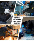 Flame Resistant Welding Sleeves For Men And Women One Size Arm Protection worn during welding tasks, sparks visible