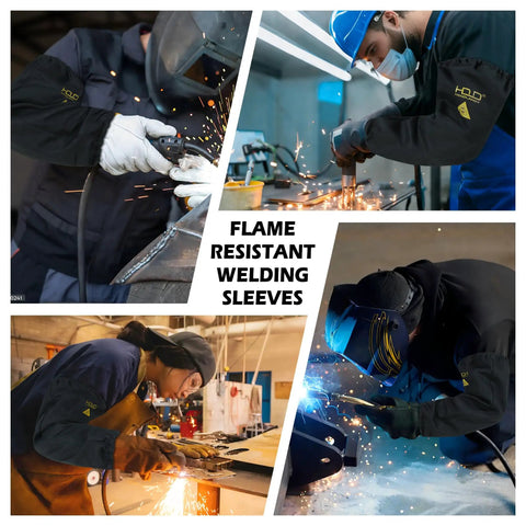 Flame Resistant Welding Sleeves For Men And Women One Size Arm Protection worn during welding tasks, sparks visible