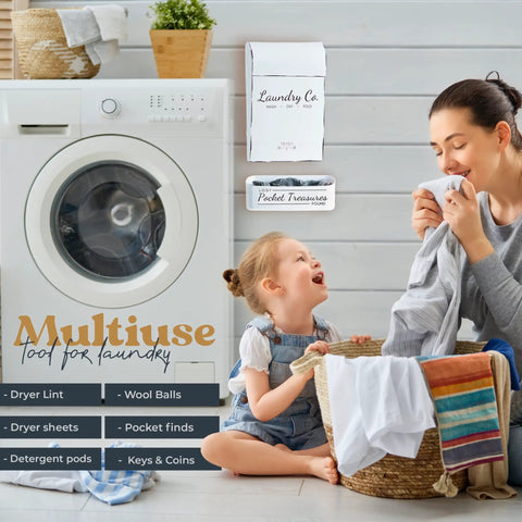 Mother and child in laundry room with Dual Lint Bin Set For Laundry Room Wall Mounted Space Saving Dryer Sheets Holder on wall.