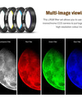 LRGB 1.25 Inch Filter Set For Monochrome CCD Cameras With Luminance Red Green Blue Filters And UV IR Blocking To Deliver Bold High Contrast Pro Level Astrophotography Results, showing color-separated moon images.