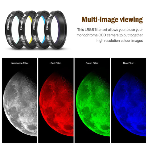 LRGB 1.25 Inch Filter Set For Monochrome CCD Cameras With Luminance Red Green Blue Filters And UV IR Blocking To Deliver Bold High Contrast Pro Level Astrophotography Results, showing color-separated moon images.
