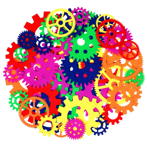 Colorful Gear Shaped Felt Decor Mats Set Of 48 In Four Sizes 3.1, 4.7, 6.2 And 7.8 Inches for science party and crafts.