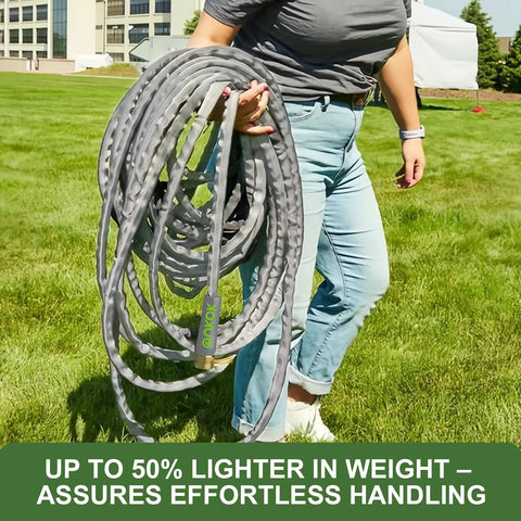 GUKOK 50ft non-expanding garden hose, gray with brass fitting, coiled and held outdoors.