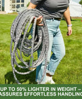 GUKOK 100ft non-expanding garden hose, gray flexible hose with brass fittings, held by a person outdoors.