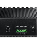 Heavy Duty Industrial PoE Plus Plus Switch With Eight Two Point Five G PoE Ports And One Ten G SFP Port in black, back view