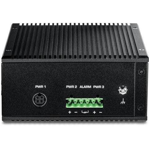 Heavy Duty Industrial PoE Plus Plus Switch With Eight Two Point Five G PoE Ports And One Ten G SFP Port in black, back view