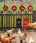 Bad Ass Gravity Fed Chicken Feeder With Rounded Edges Holds 15 Days Of Grit And Oyster Shells For Hens, featuring a red and black dual dispenser for feed.
