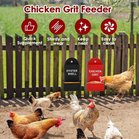 Bad Ass Gravity Fed Chicken Feeder With Rounded Edges Holds 15 Days Of Grit And Oyster Shells For Hens, featuring a red and black dual dispenser for feed.