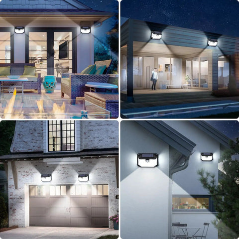 Super Bright Solar Outdoor Lights 2-Pack With Motion Sensor, 178 LEDs, 270 Degree Wide Angle, installed on patio and garage