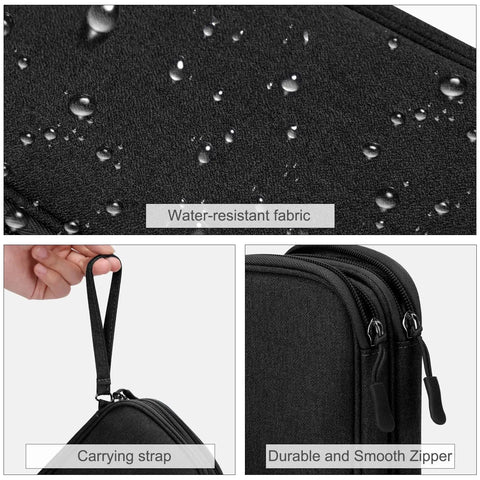 Close-up of Electronic Organizer Travel Case for Cables and Gear, Waterproof Double Layer Pouch with water-resistant fabric, strap, and zippers.