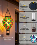 Mosaic Glass Hot Air Balloon Solar Lantern With Flickering Flame Effect And Dreamy Blue Green Purple Projections for outdoor decor