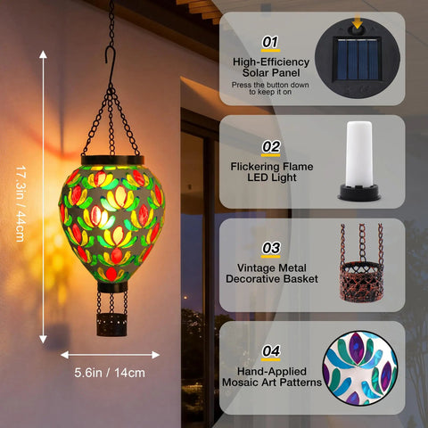 Mosaic Glass Hot Air Balloon Solar Lantern With Flickering Flame Effect And Dreamy Blue Green Purple Projections for outdoor decor