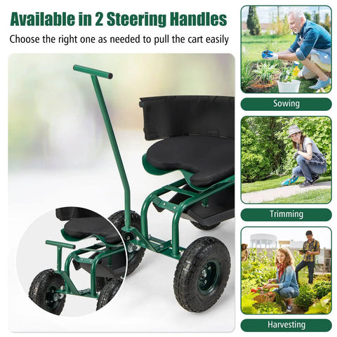 Rolling Garden Seat With Wheels, 360 Degree Swivel, Height Adjustable Work Stool featuring dual handle options