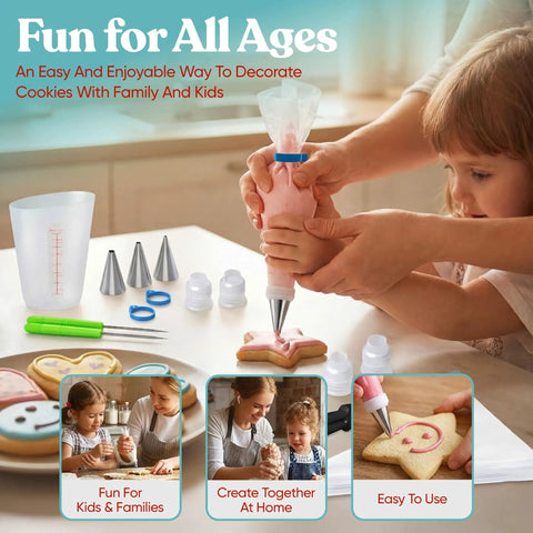 Versatile Big Time Premium 67 Piece Cookie Decorating Kit Featuring Royal Icing Tools, piping bags being used to decorate cookies.