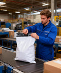Worker sealing a 14.5 By 19 Inch White Poly Mailer Pack Of 5 For Shipping Documents Books Magazines And Clothing Durable Tear Resistant Bags