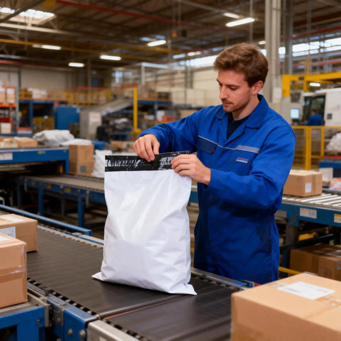 Worker sealing a 14.5 By 19 Inch White Poly Mailer Pack Of 5 For Shipping Documents Books Magazines And Clothing Durable Tear Resistant Bags