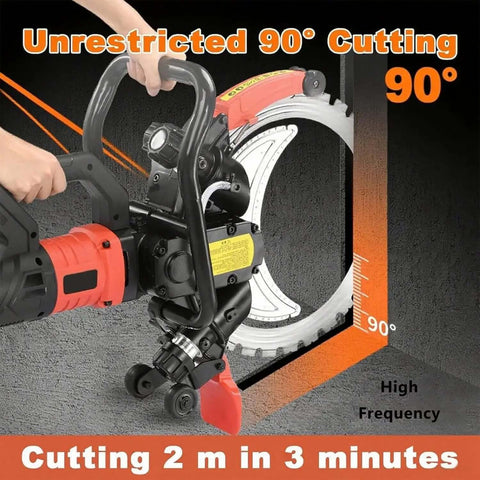 Heavy Duty Brushless Concrete Wall Cutter With Knockout RPM Motor And Thick Titanium Blade For Smooth Dust Free Deep Cuts On Slab Block Granite And Driveway Projects No Sweat Guaranteed, shown at 90° cutting angle.
